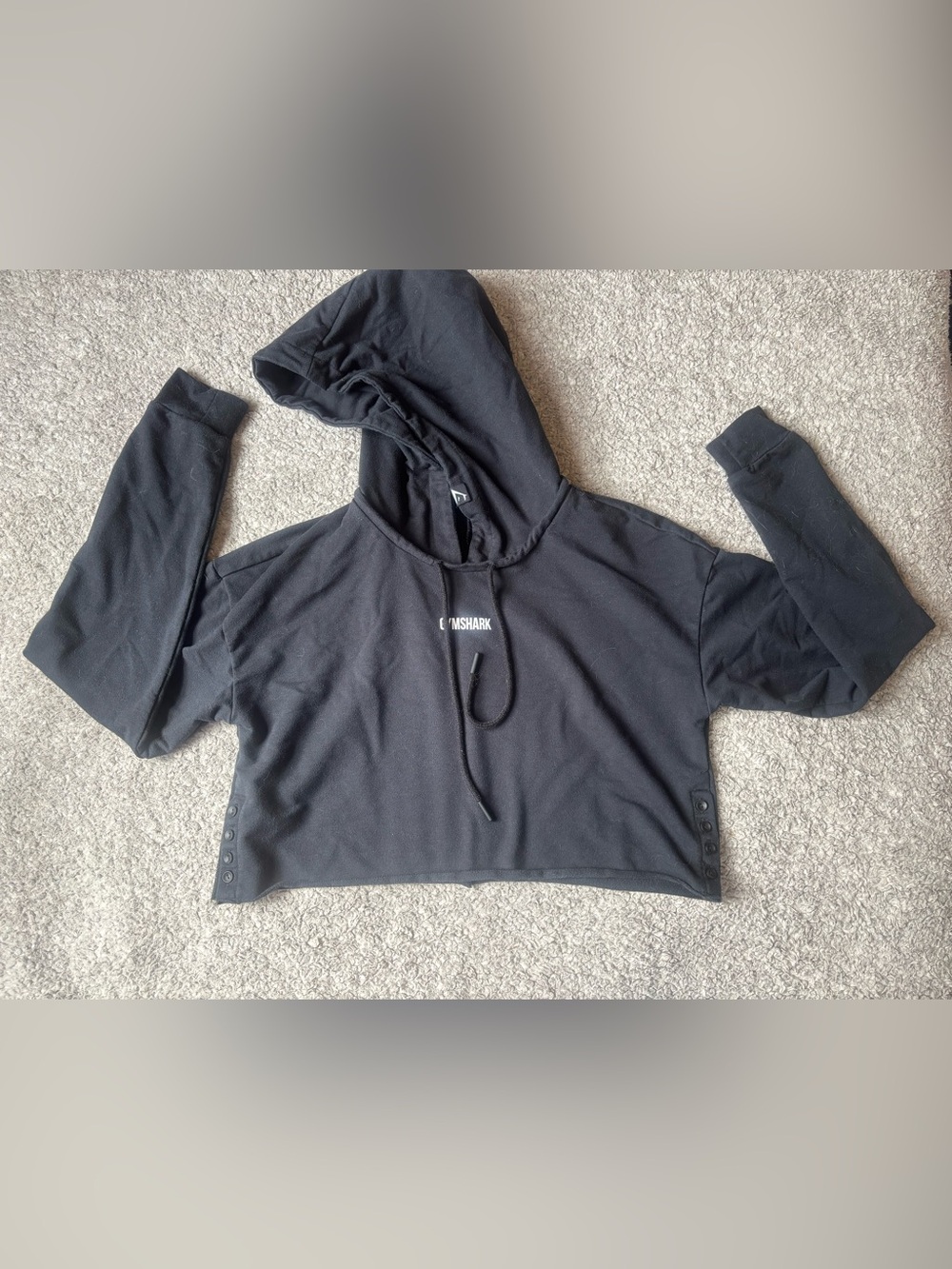 Gymshark Power Down Cropped Hoodie Black Snap Button Sides Boxy Pullover Small